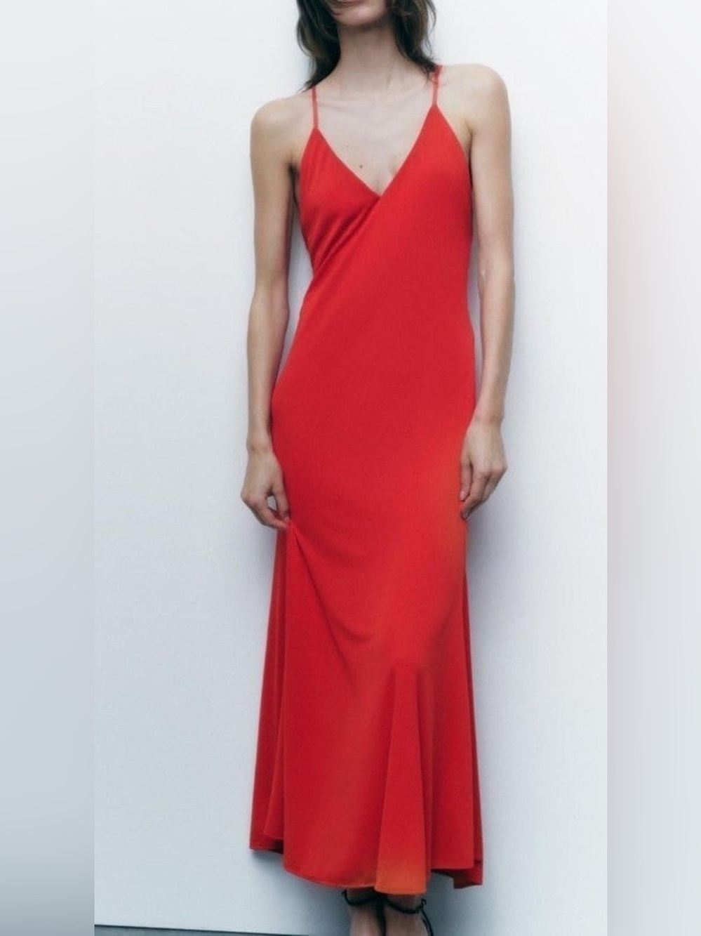 ZARA Red V-Neck Spaghetti Strap Maxi Dress.